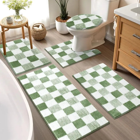 Checkered Bathroom Rug Set 5 Piece Non Slip Ultra Absorbent Microfiber