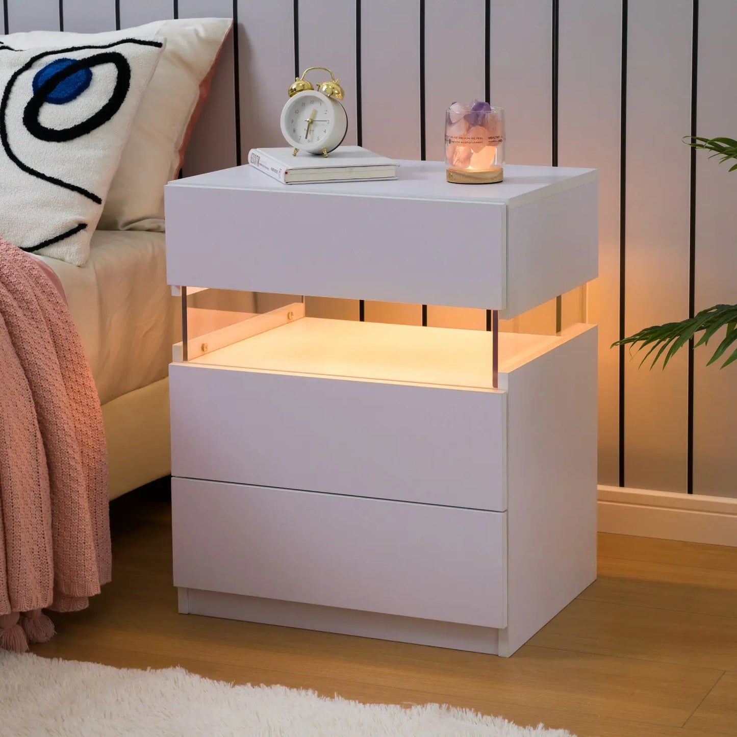 Cubehom Bedside Tables Set With LED Lighting Two Pieces Three Drawers