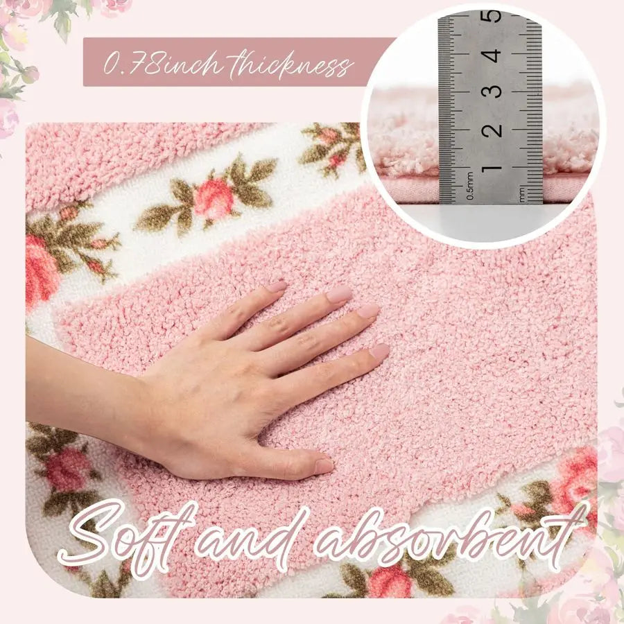 Rose Floral Bath Rug Set U Shaped Non Slip Absorbent
