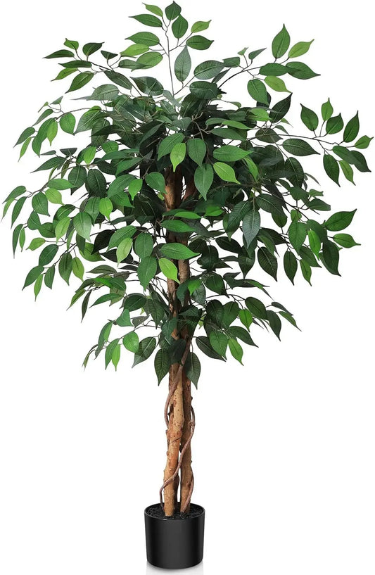 Artificial Ficus Tree With Wood Trunk In Plastic Pot