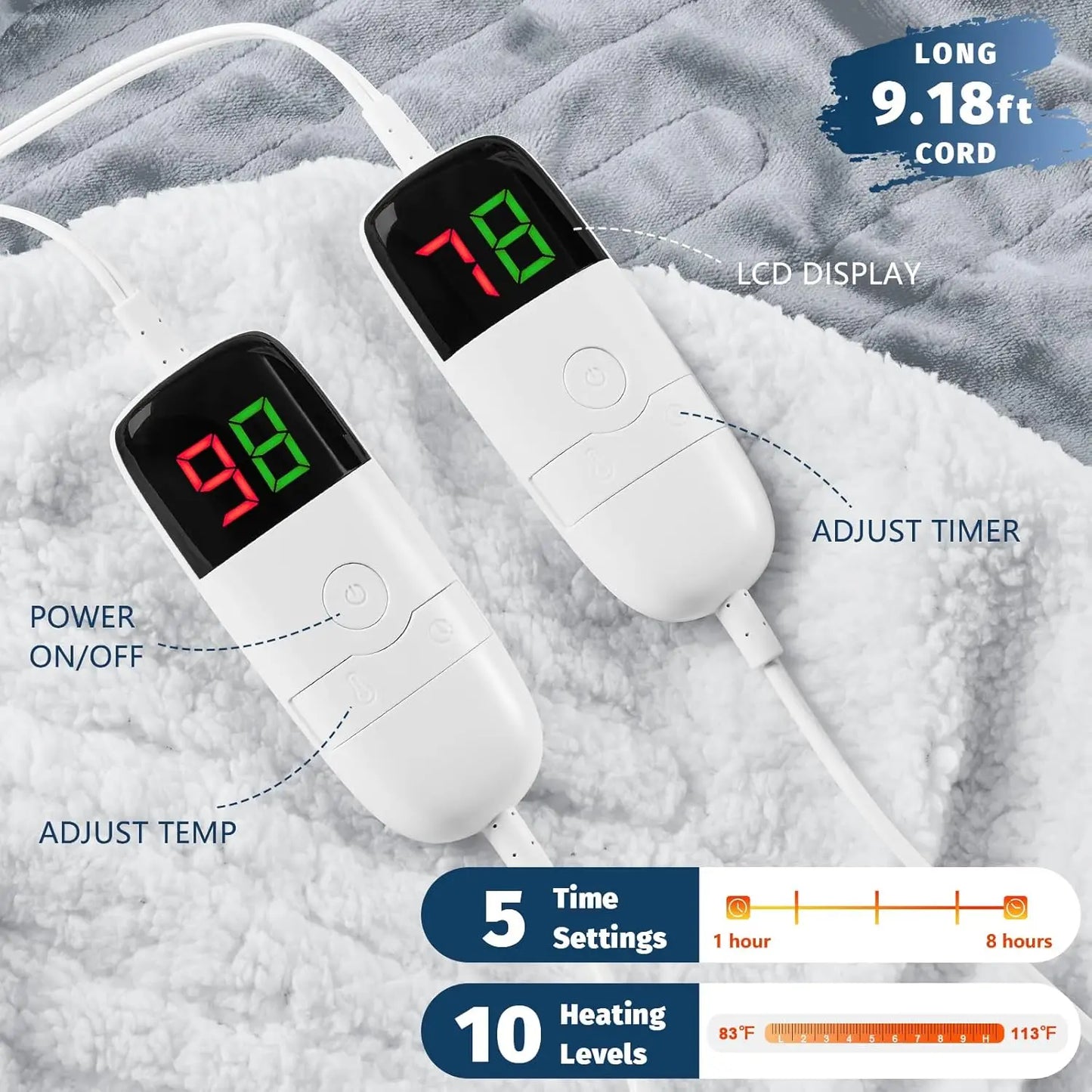 Queen Size Heated Electric Blanket Dual Control 10 Heat Levels Auto Off
