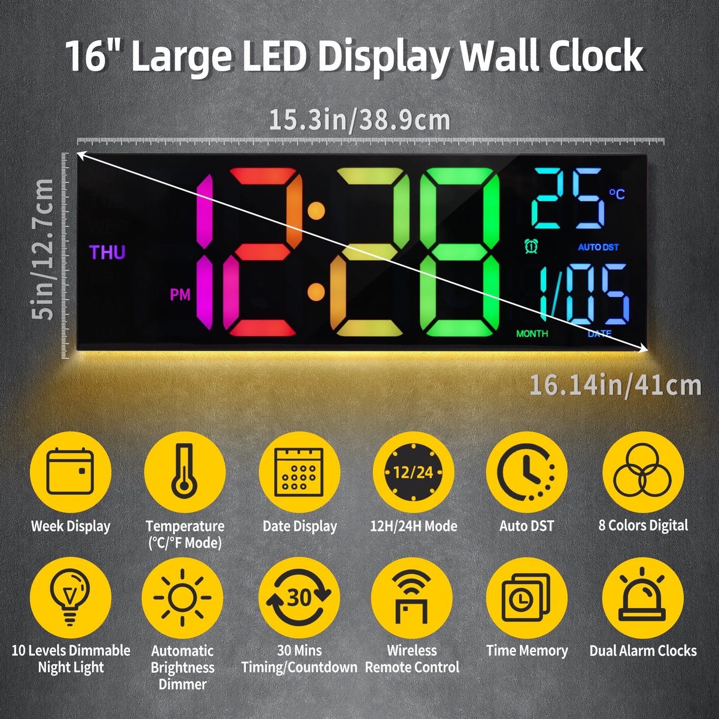 Large Digital Wall Clock With LED Display Remote Alarm Temperature