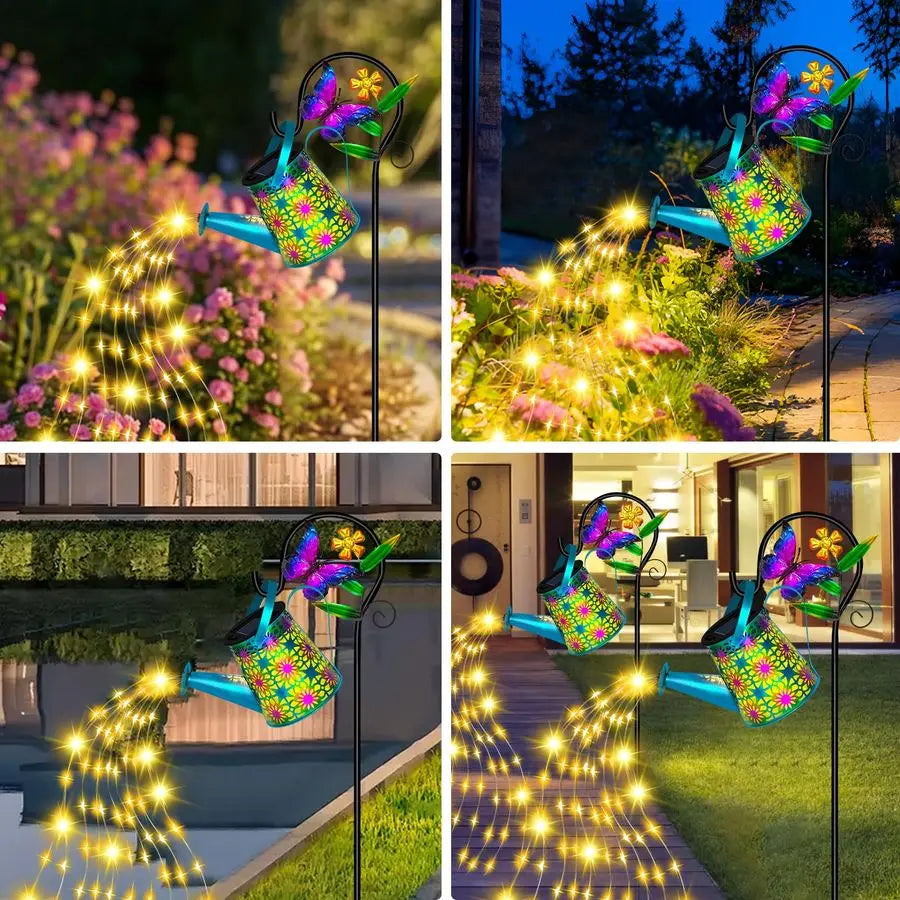 Solar Watering Can With Lights Butterfly Lantern Hanging Garden Decor