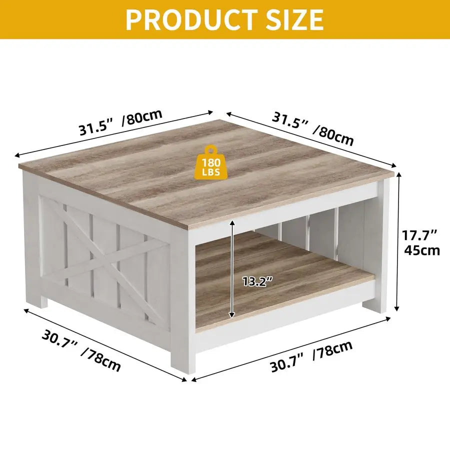 Square Farmhouse Coffee Table With Storage Two Tier Wood