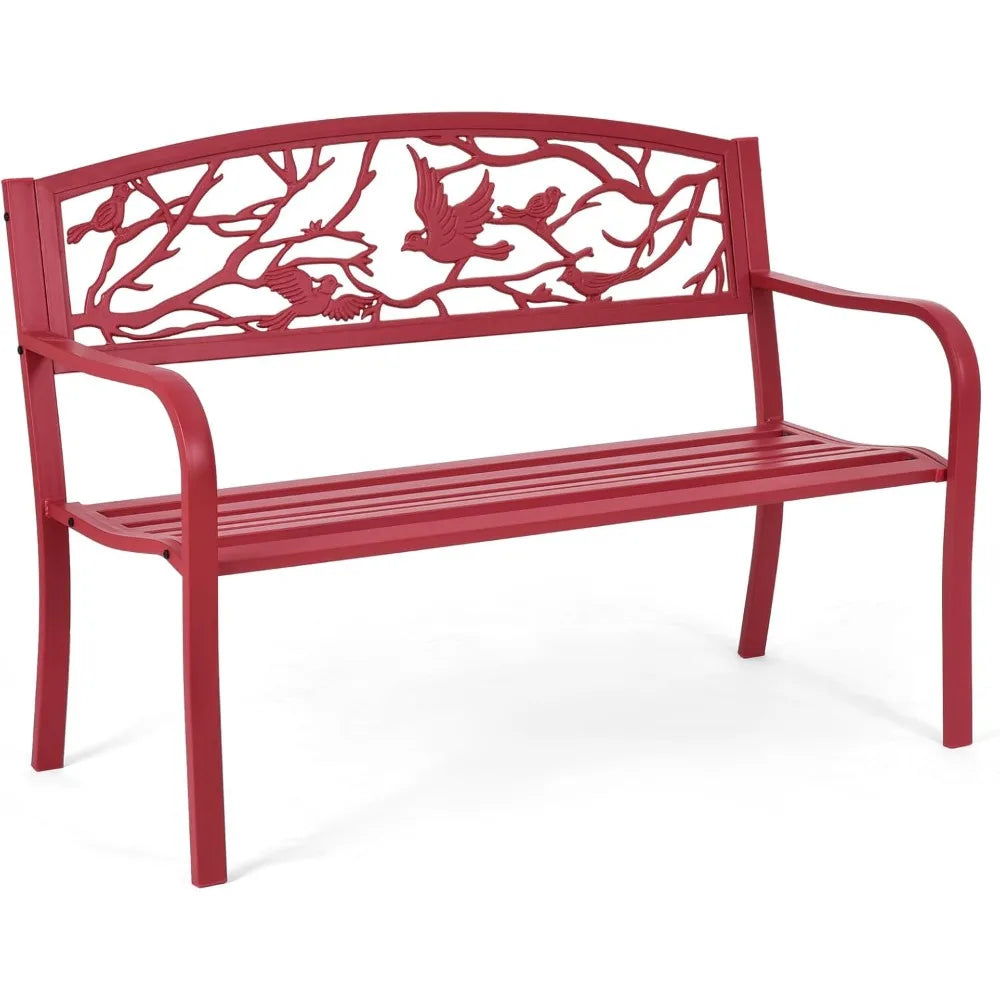 TIFICY Metal Outdoor Garden Bench With Cast Iron Back Pattern