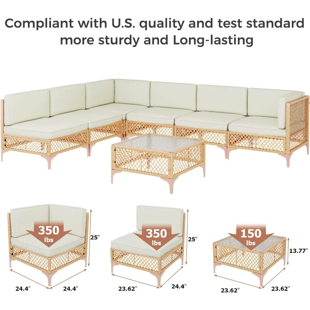 Outdoor Wicker Sectional Furniture Set With Glass Coffee Table