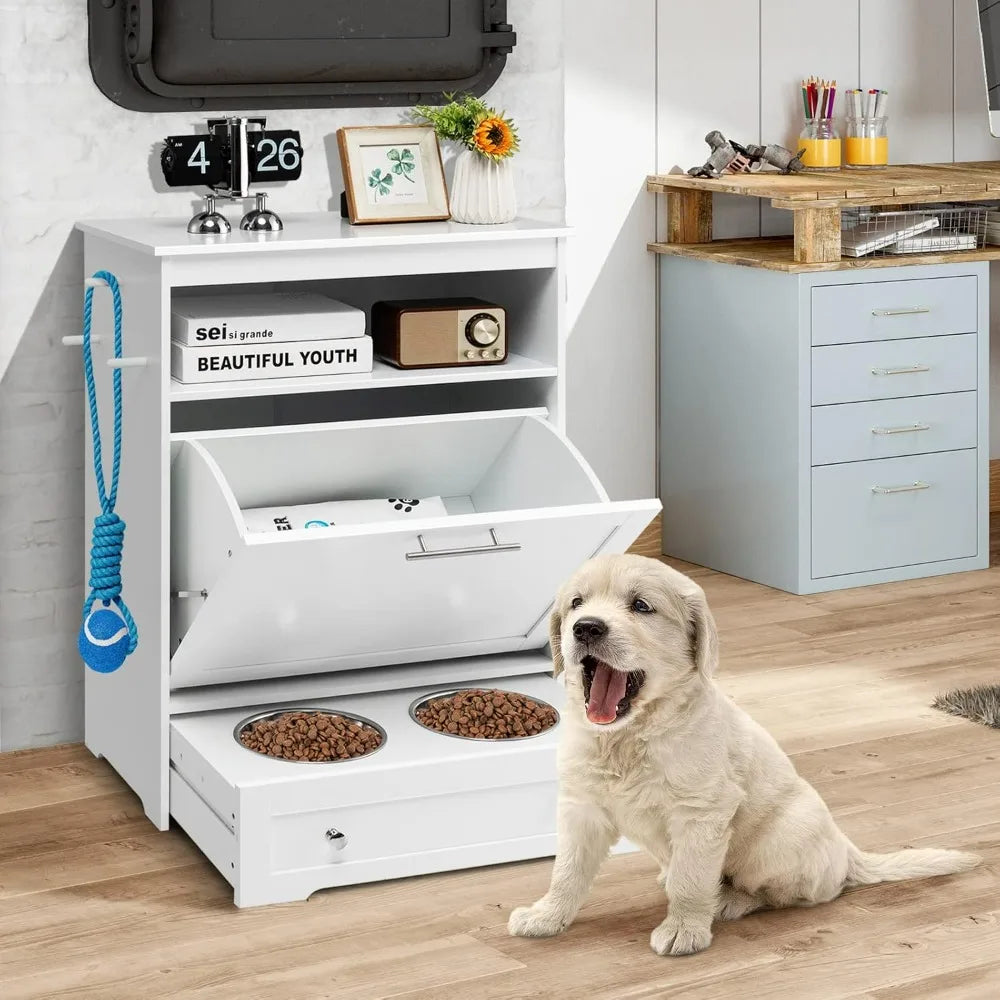 Pet Feeder Station With Double Pull Out Bowls And Dog Food Storage Cabinet
