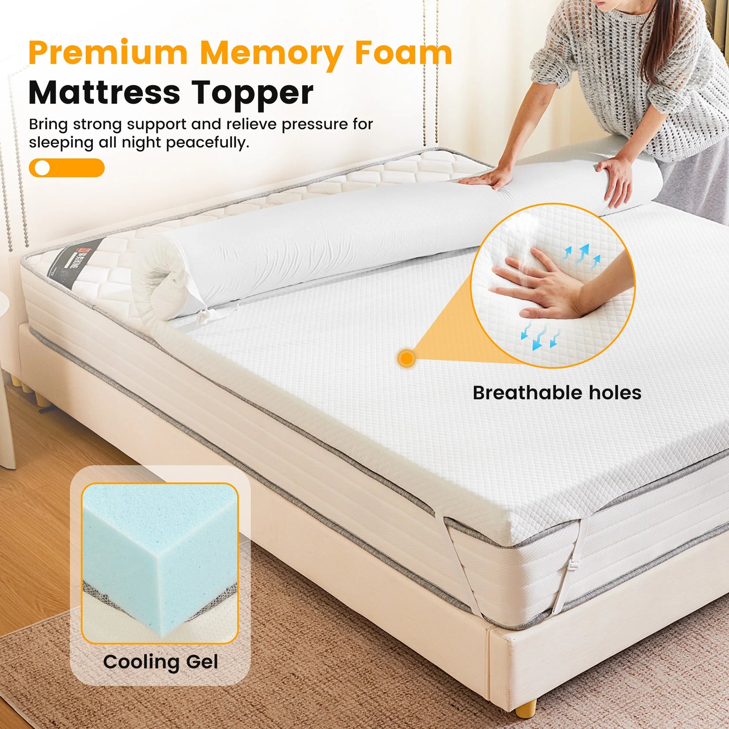 JHK Gel Memory Foam Mattress Topper With Fabric Cover Cooling