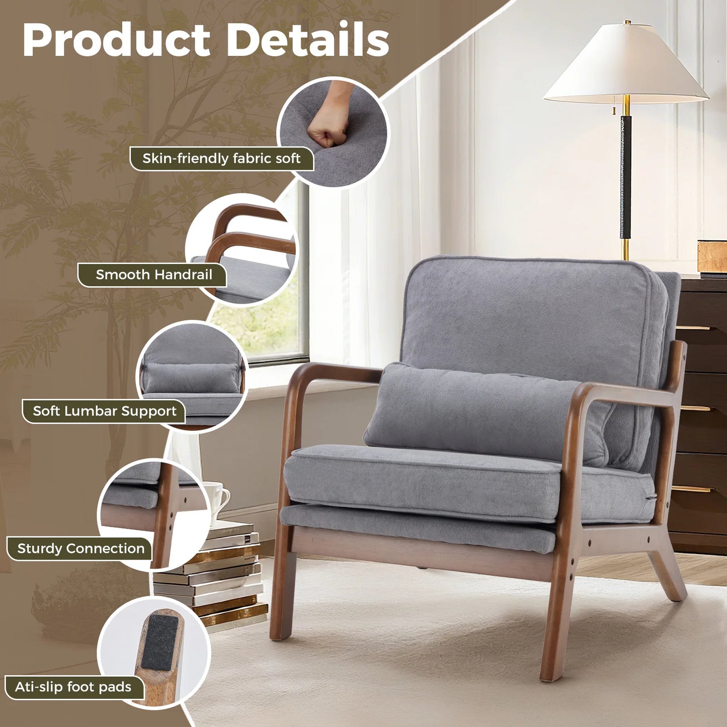 JHK Mid Century Modern Armchair With Wooden Frame For Home