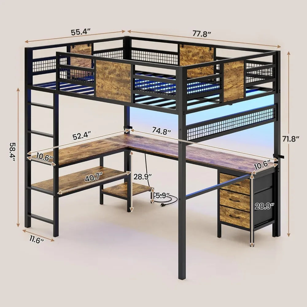 Loft Bed With L Shaped Desk 3 Drawers LED Illumination