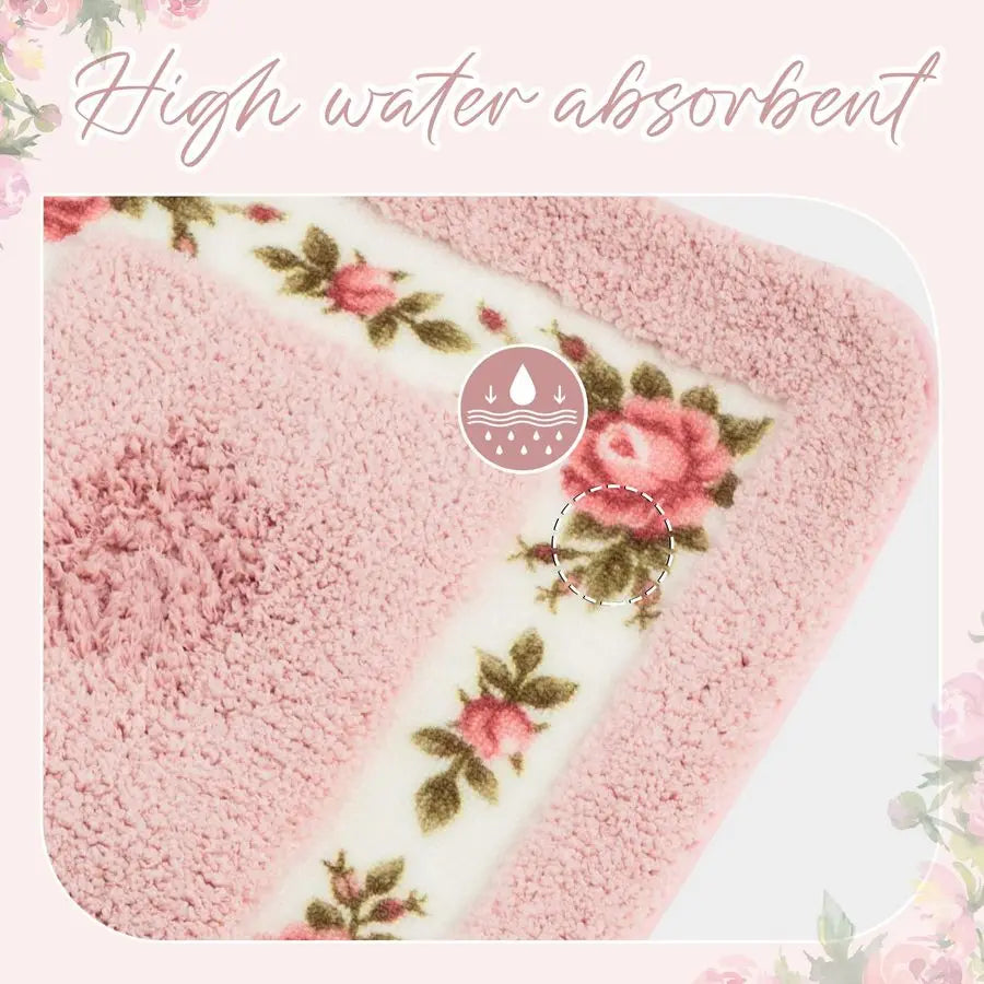 Rose Floral Bath Rug Set U Shaped Non Slip Absorbent