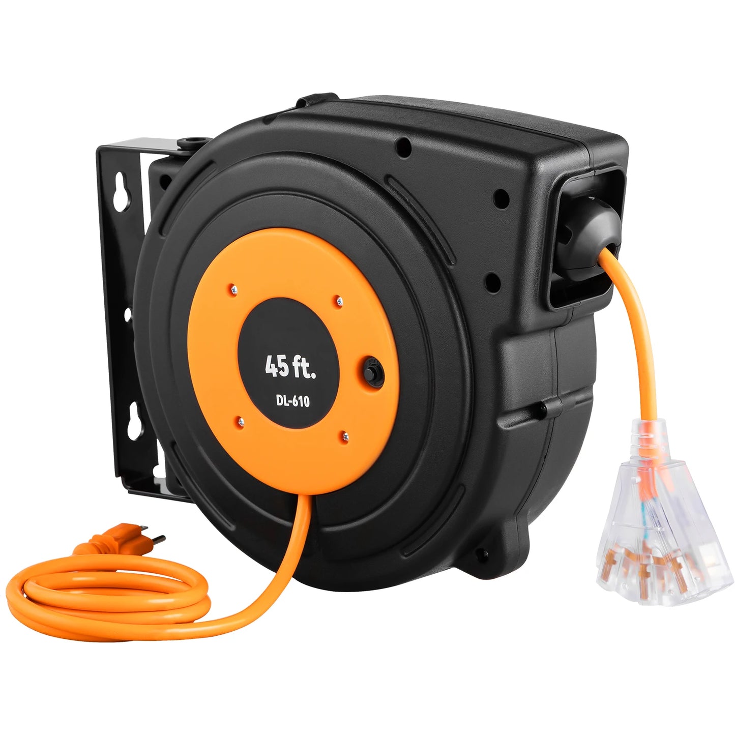 SucceBuy Retractable Extension Cord Reel 45 Ft Lighted Triple Tap Outlet