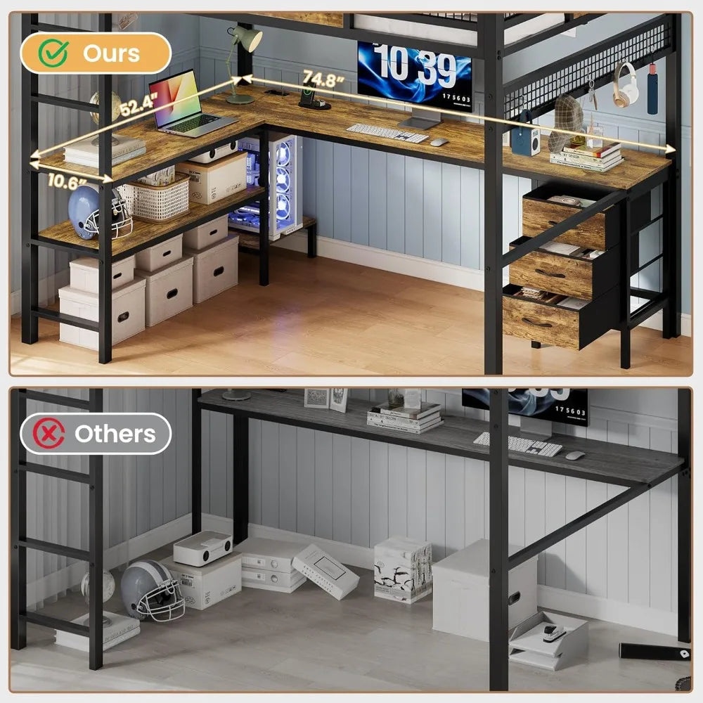 Loft Bed With L Shaped Desk 3 Drawers LED Illumination
