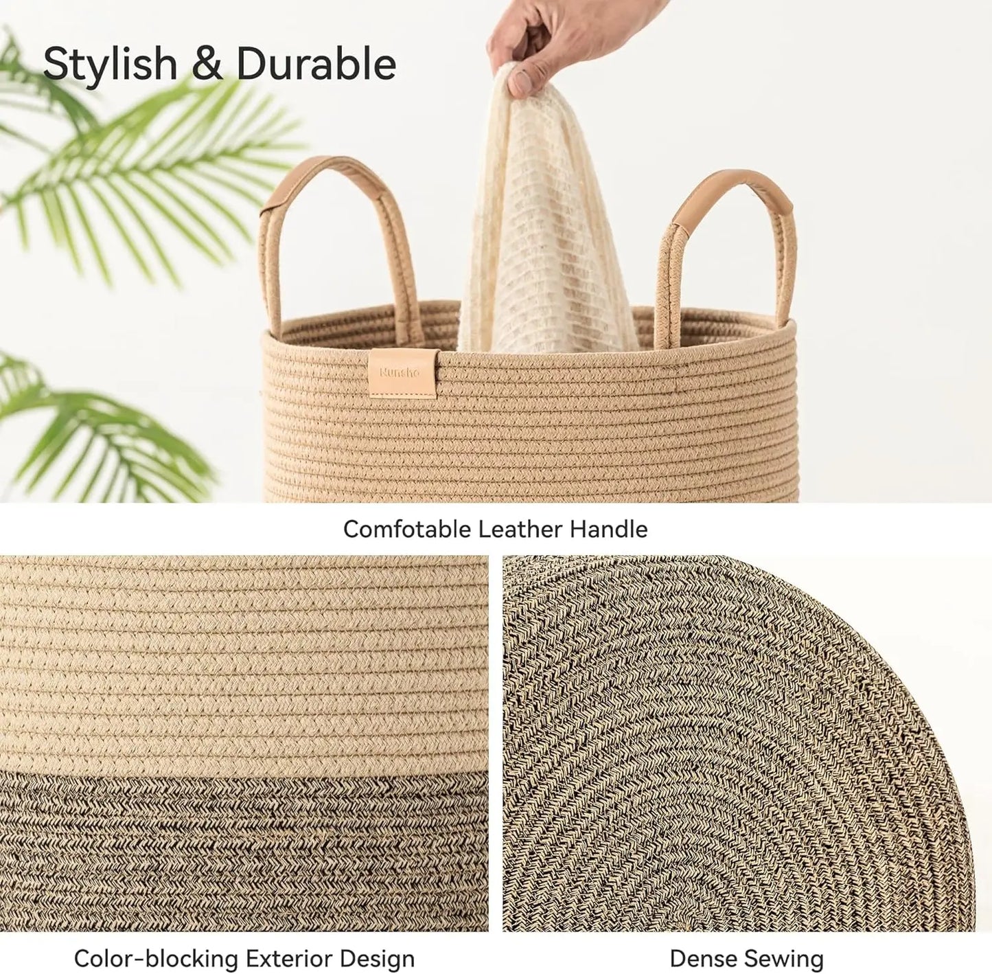 Foldable Laundry Basket With Leather Handles And Cotton Rope Storage