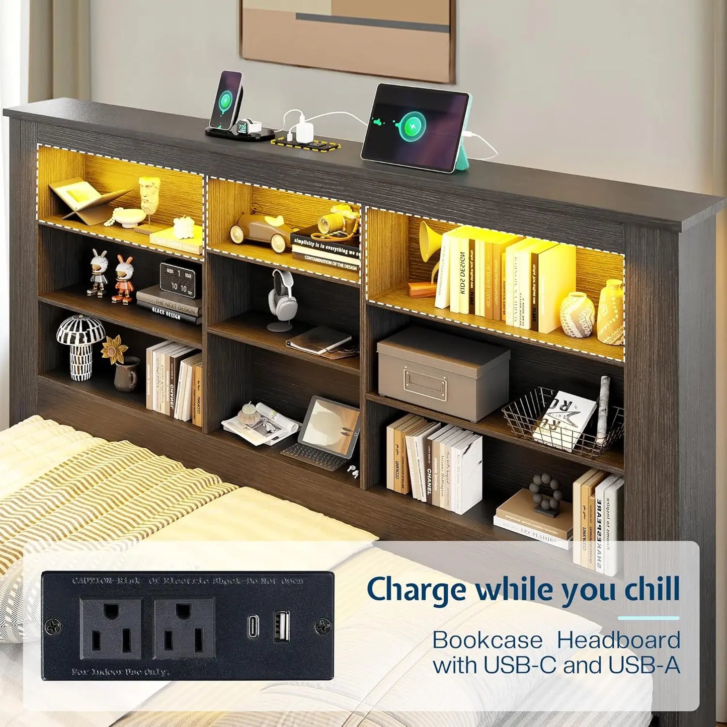 Twin Bed Frame With Storage Drawers Bookcase Headboard USB Charging