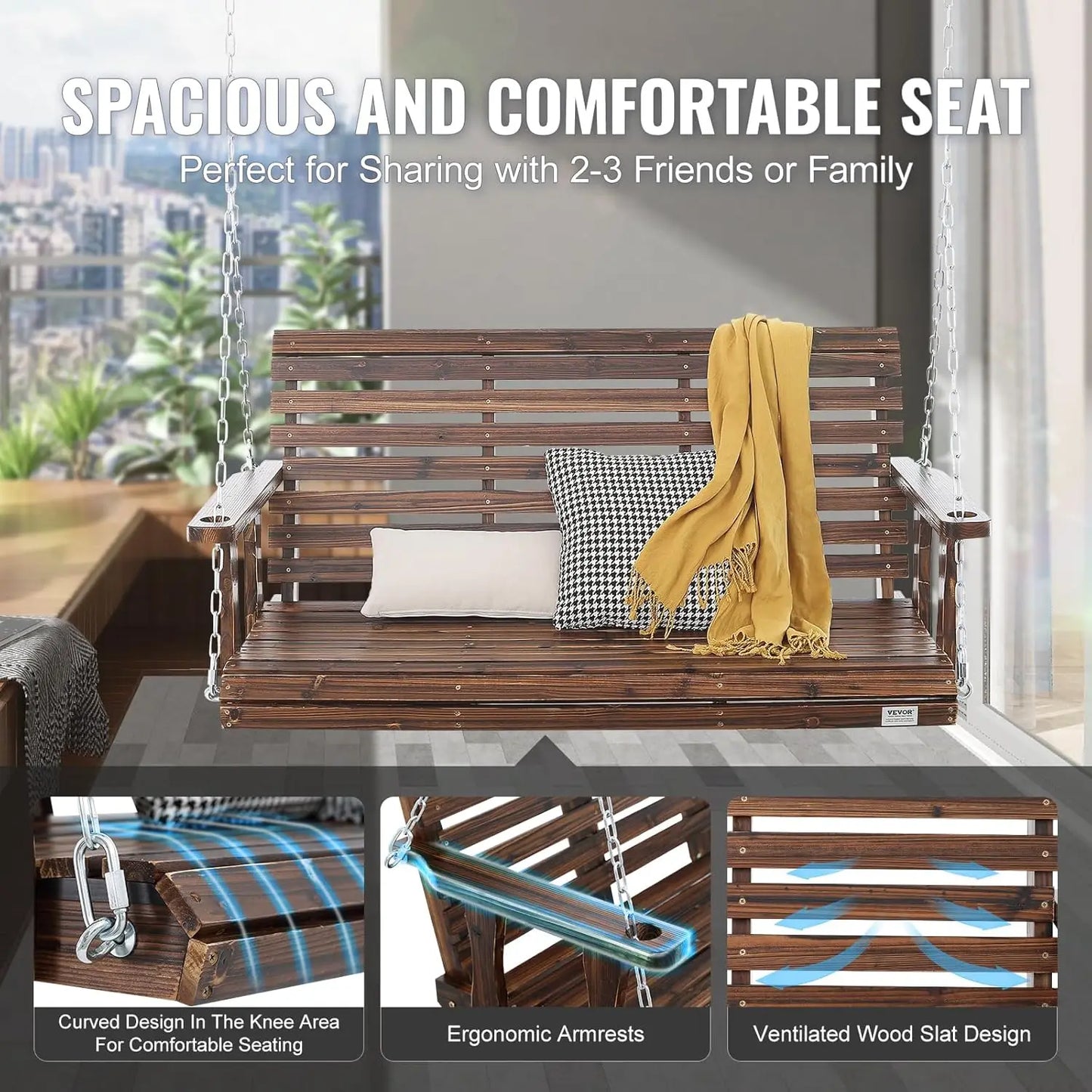 Outdoor Wooden Porch Swing Heavy Duty Hanging Bench Chair