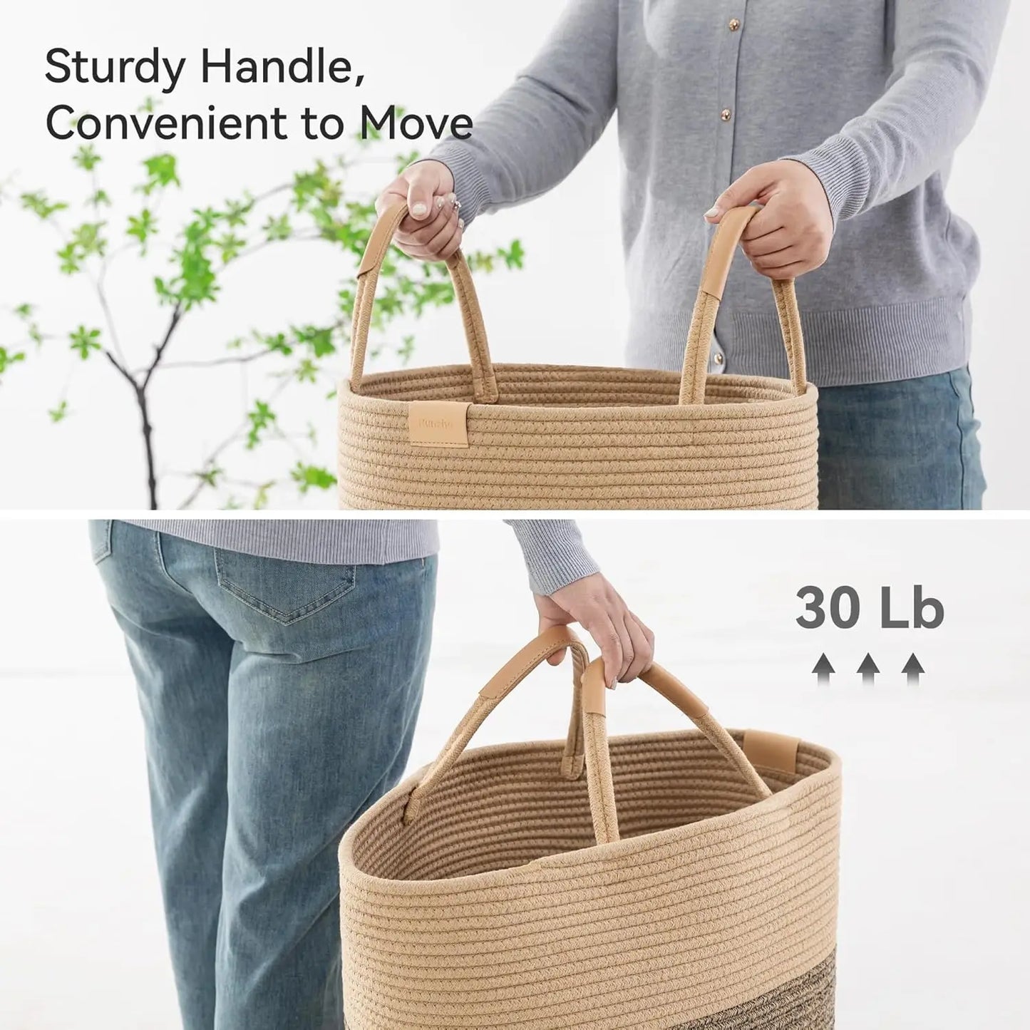 Foldable Laundry Basket With Leather Handles And Cotton Rope Storage