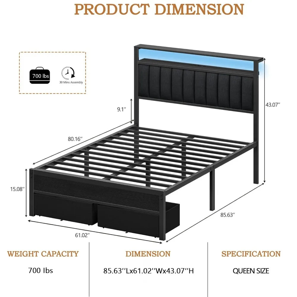 Bed Frame With Charging Station And LED Lights With Shelves