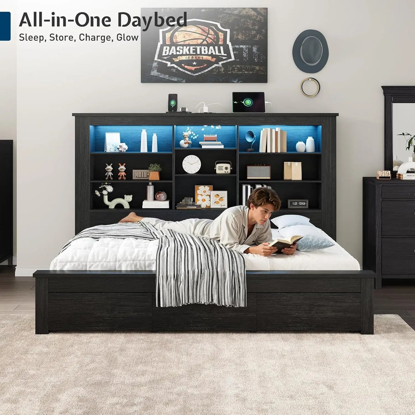 Twin Bed Frame With Storage Drawers Bookcase Headboard USB Charging