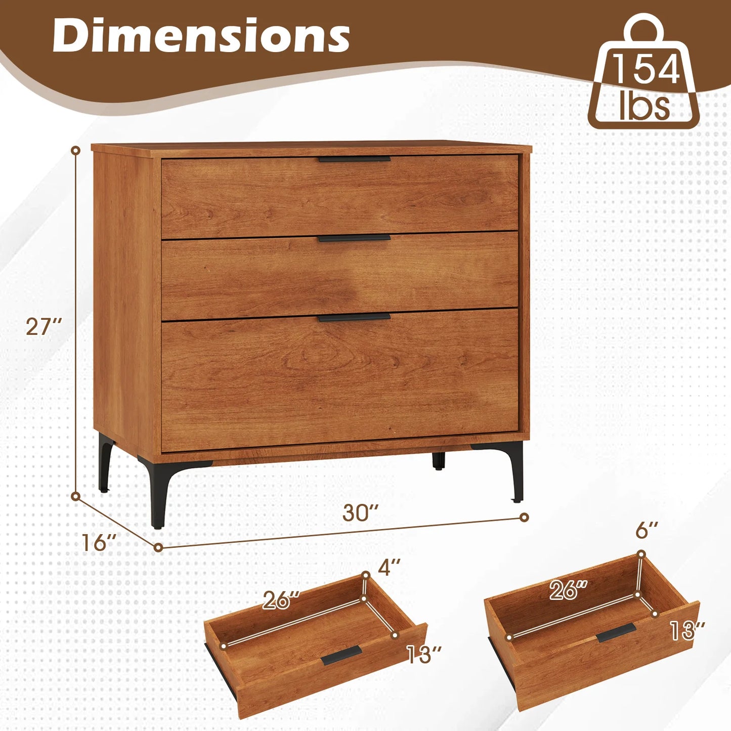 HOMASIS 3-Drawer Dresser With Metal Support Legs And Anti-Tipping