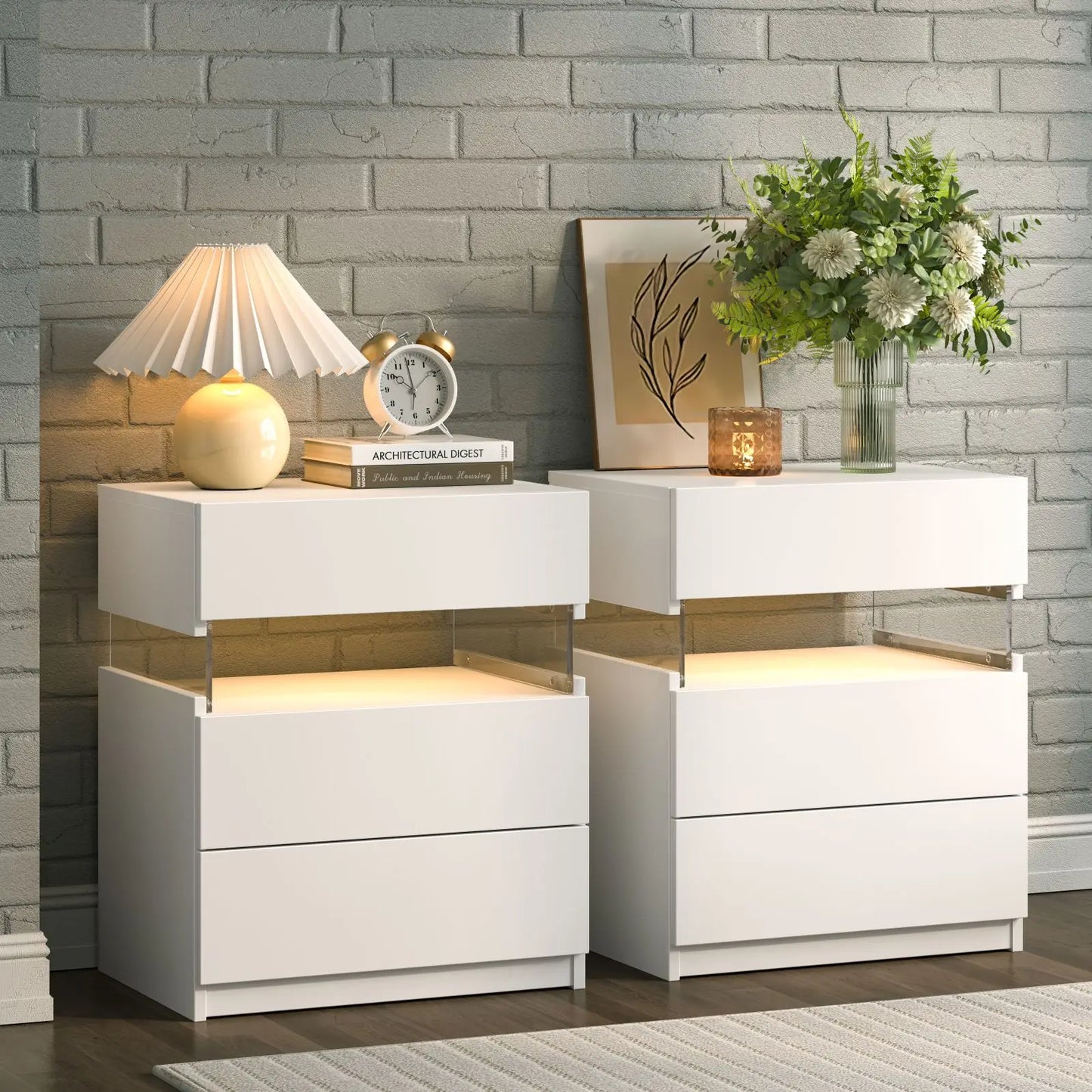 Cubehom Bedside Tables Set With LED Lighting Two Pieces Three Drawers