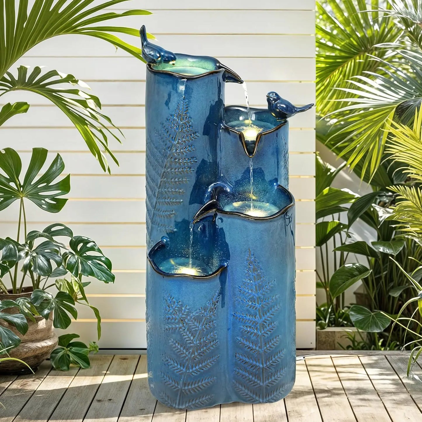 Ceramic Outdoor Water Fountain With Led Four Tier Cascading Waterfall