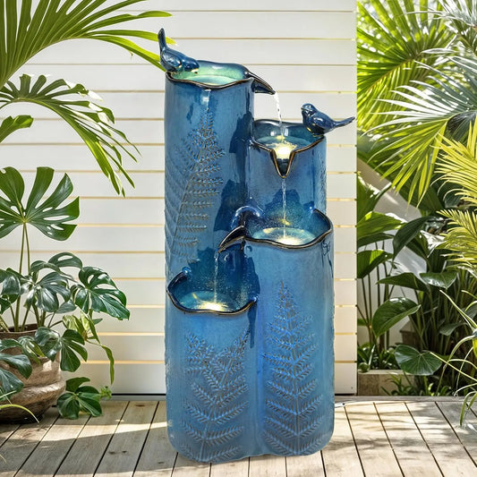 Ceramic Outdoor Water Fountain With Led Four Tier Cascading Waterfall