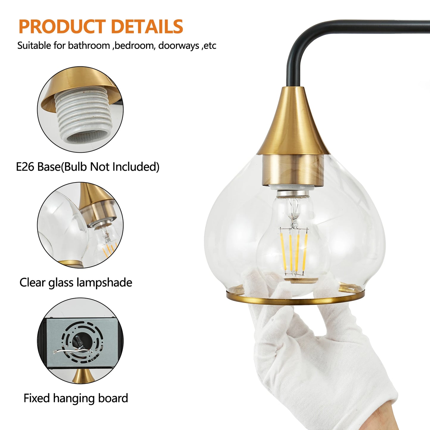 Modern Vanity Wall Sconce - Black & Gold Bathroom Light Fixture with Clear Glass Shades, Industrial Wall Mounted Lamp form USA