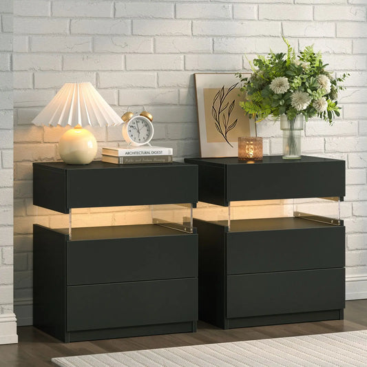 Cubehom Bedside Tables Set With LED Lighting Two Pieces Three Drawers