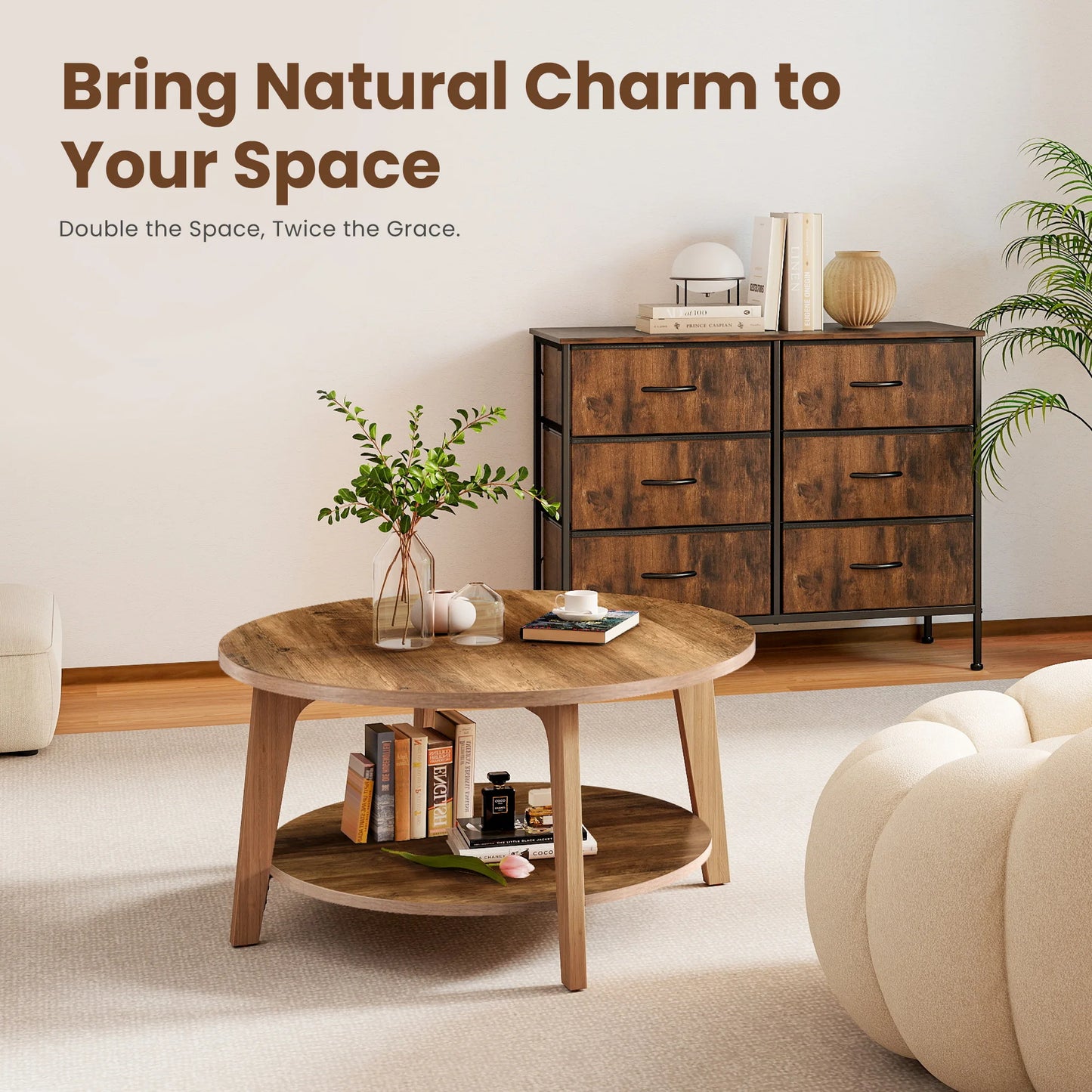 JHK Round Coffee Table With Storage And Anti Slip Feet