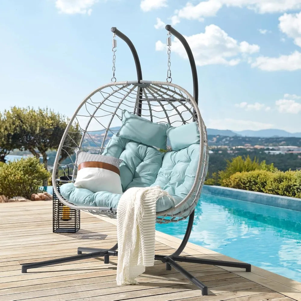 Two Person Egg Swing Chair With Stand Wicker Indoor Outdoor