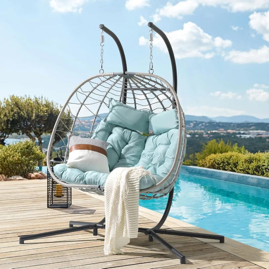 Two Person Egg Swing Chair With Stand Wicker Indoor Outdoor