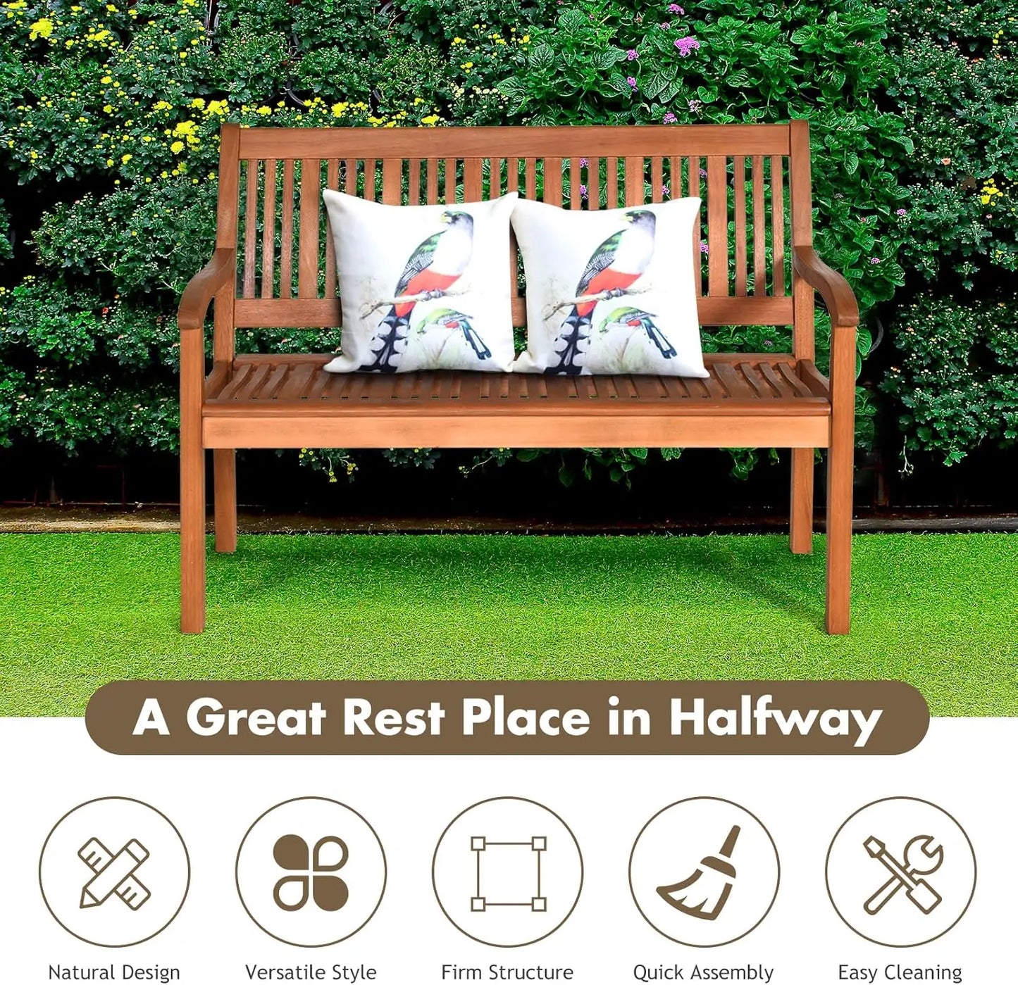 Outdoor Wooden Bench With Curved Armrests And Backrest