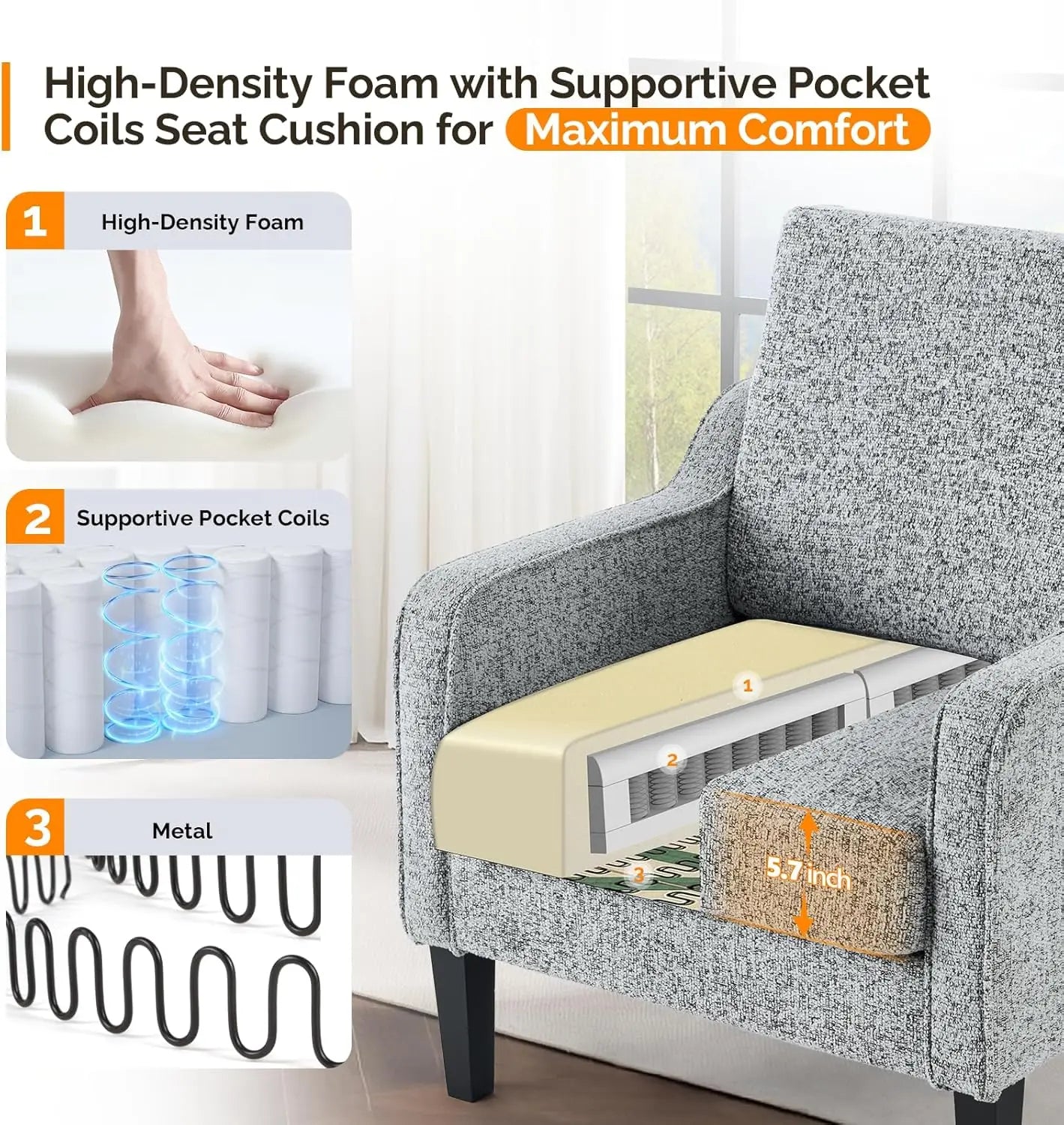 Modern Fabric Mid Century Accent Chair With Scooped Arms