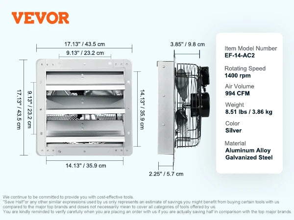 VEVOR Shutter Exhaust Fan Adjustable 10 Speed EC Motor