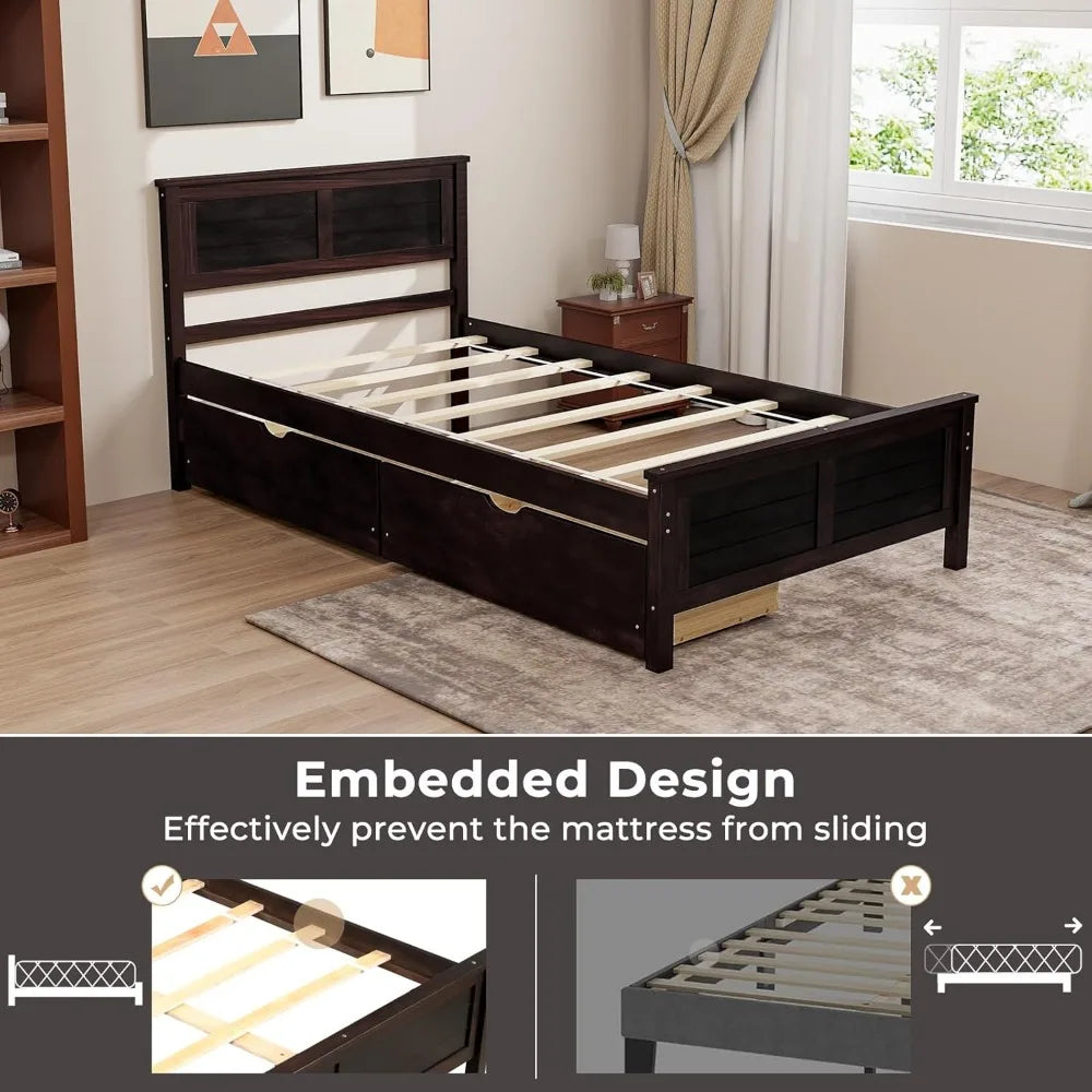 Wood Twin Platform Bed With Headboard And Slat Support