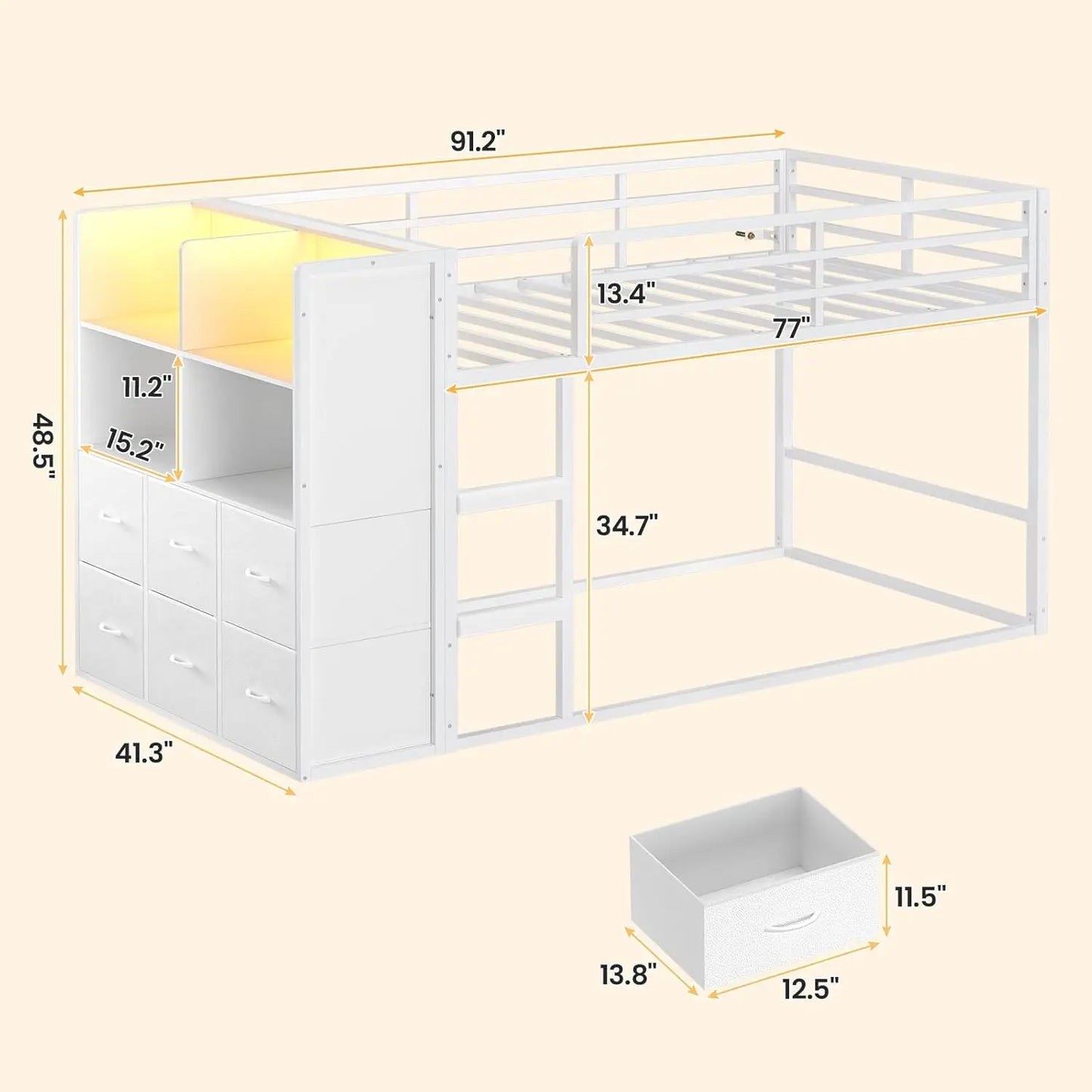 Twin Over Twin Bunk Bed With Fabric Drawers And Wooden Storage Shelves
