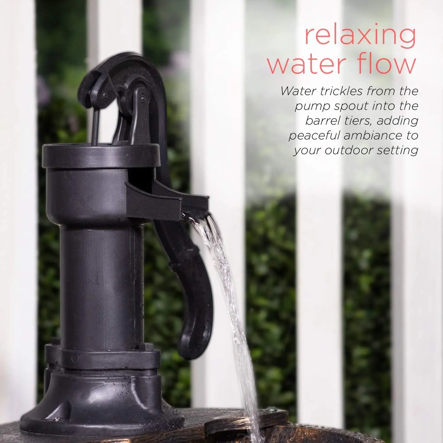 Rustic Outdoor Barrel Pump Water Fountain With Cascading Flow