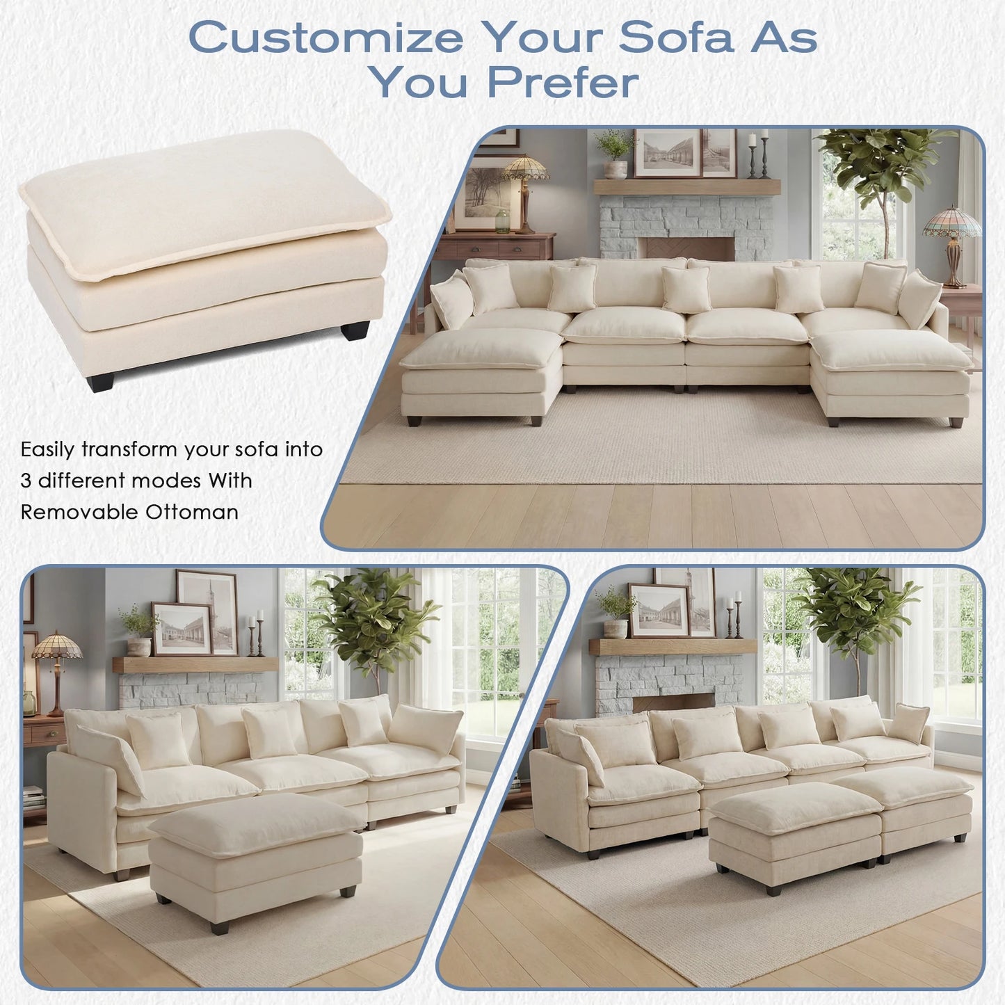 Redlife Modern Modular Sectional Sofa With Ottoman And Deep Seat