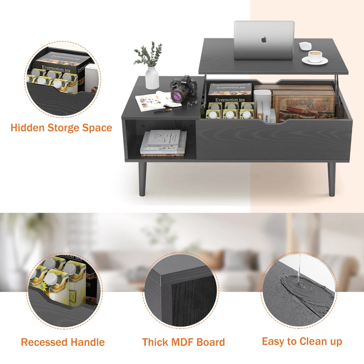 JHK Lift Top Coffee Table With Storage Shelf For Living Room