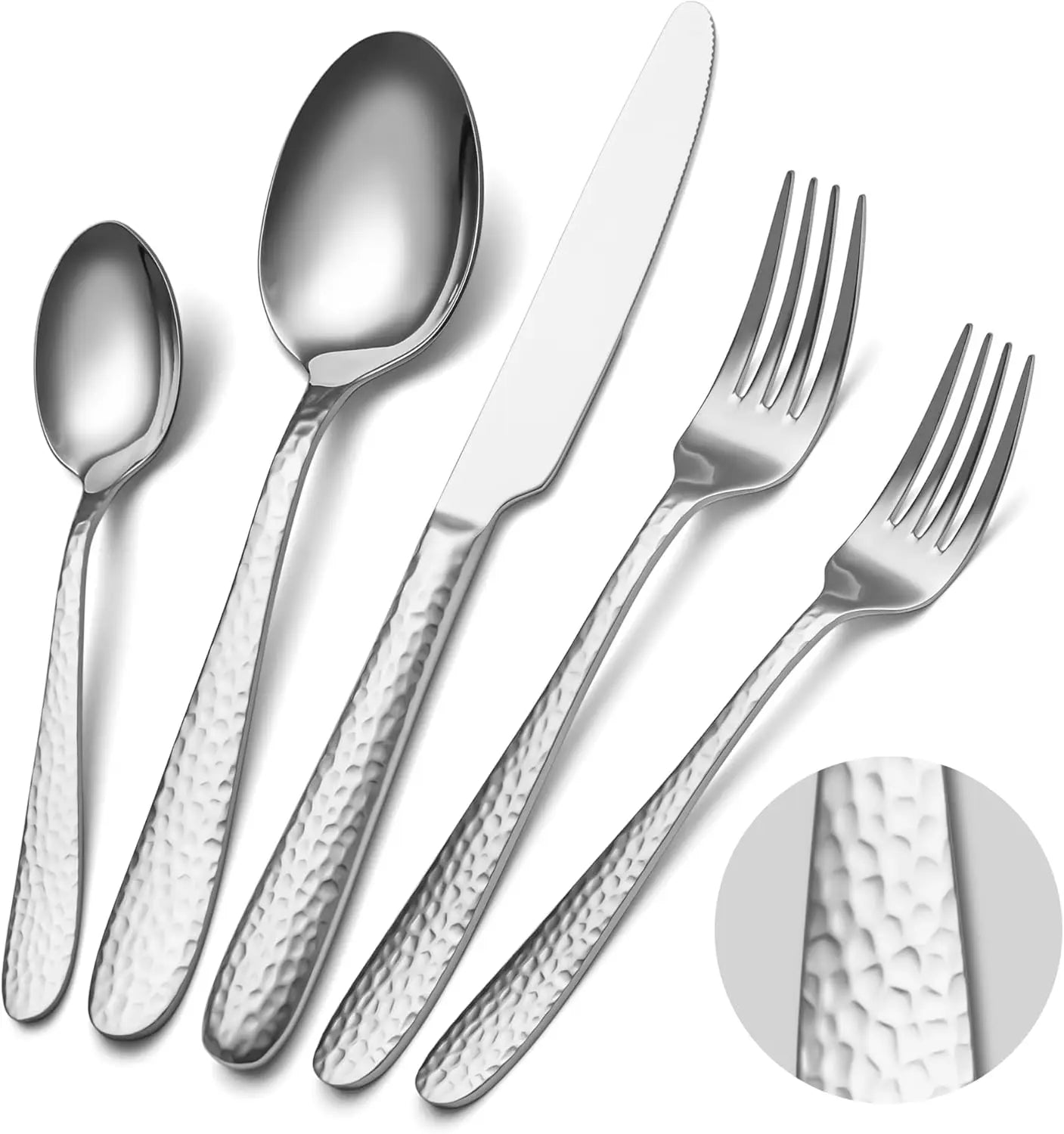 Hammered Stainless Steel Flatware Set In Mirror Finish Dishwasher Safe