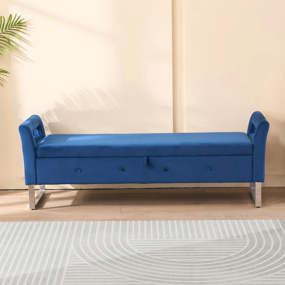 Velvet Storage Bench With Armrests For Living Room And Entryway