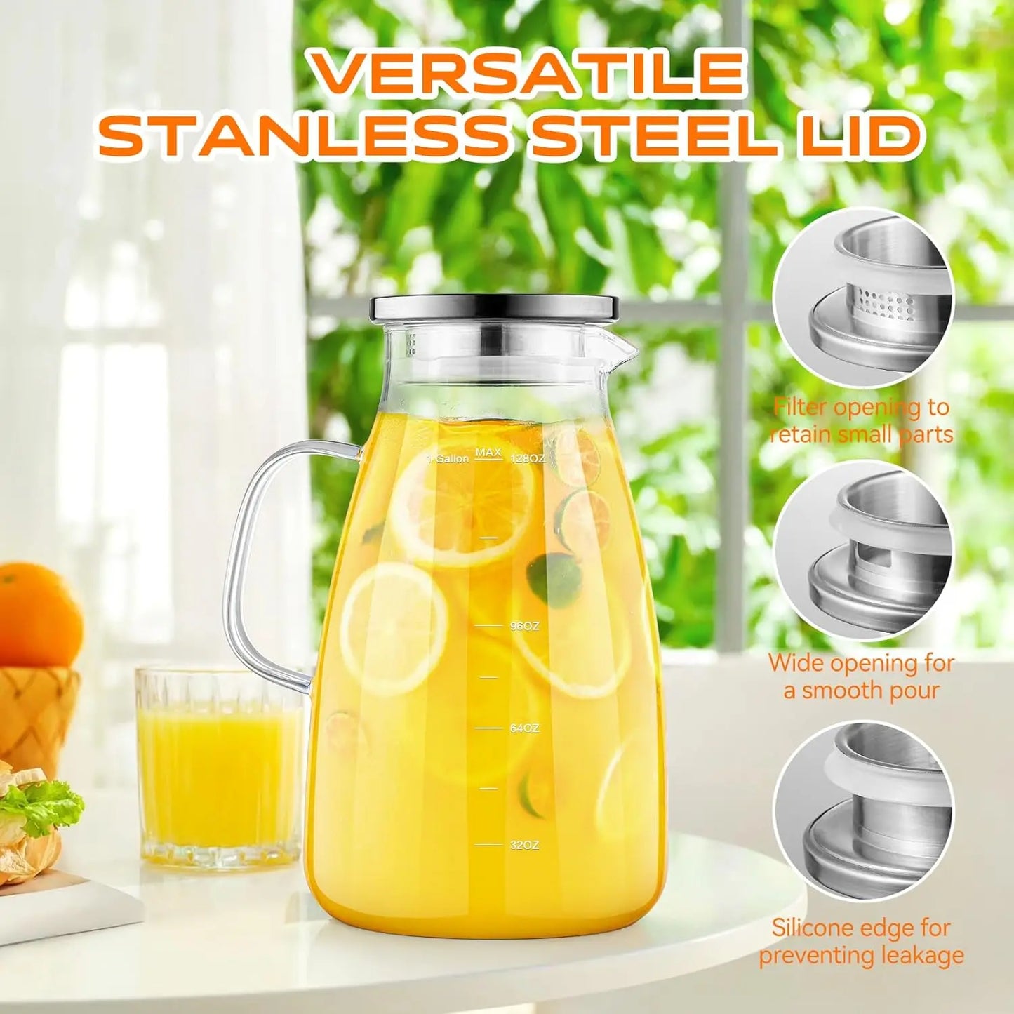Glass Pitcher With Lid Wide Mouth For Hot Cold Drinks