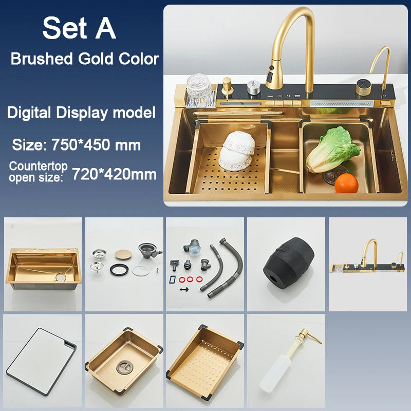Rozin 304 Stainless Steel Kitchen Sink With Digital Waterfall Faucet