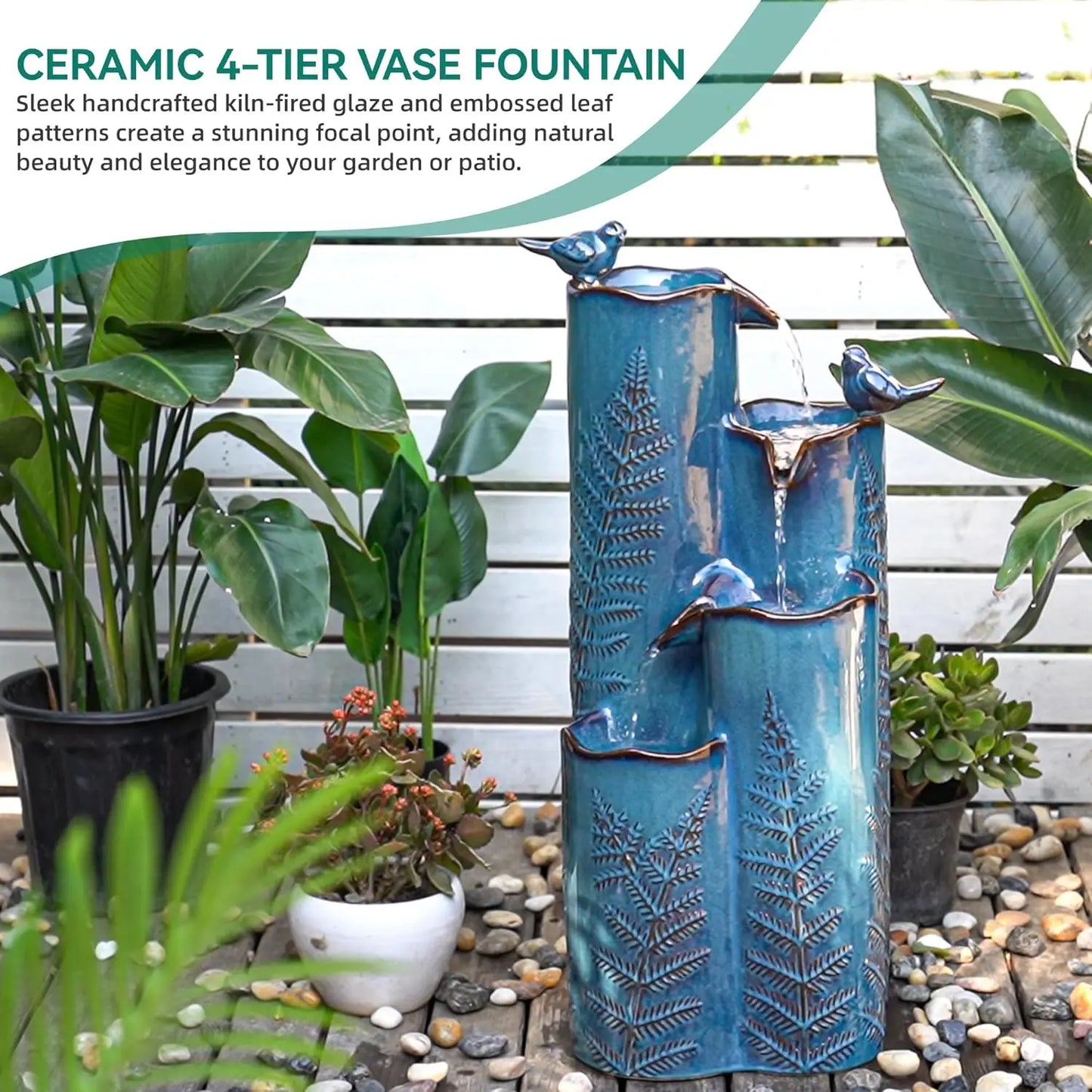 Ceramic Outdoor Water Fountain With Led Four Tier Cascading Waterfall