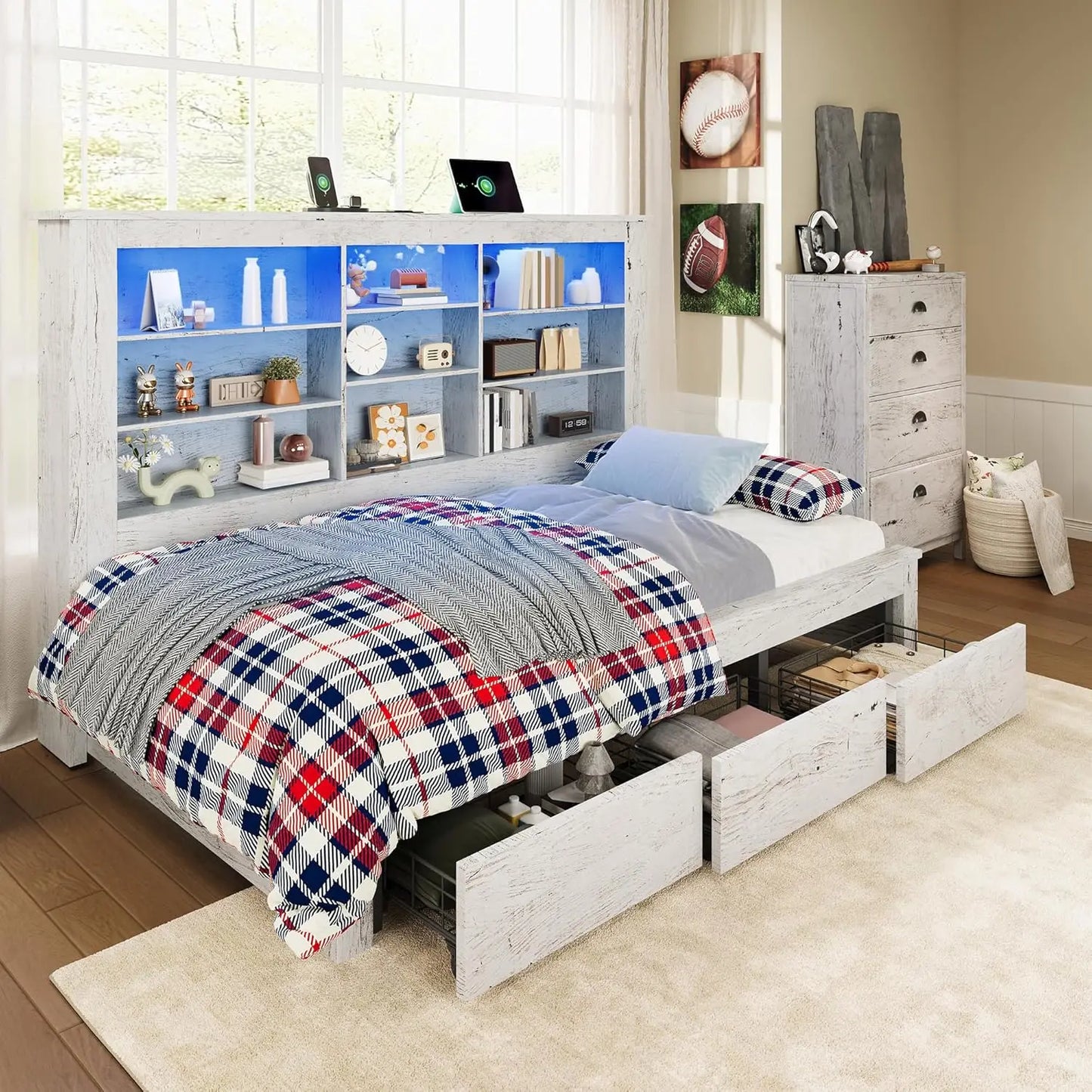 Twin Bed Frame With Storage Drawers Bookcase Headboard USB Charging