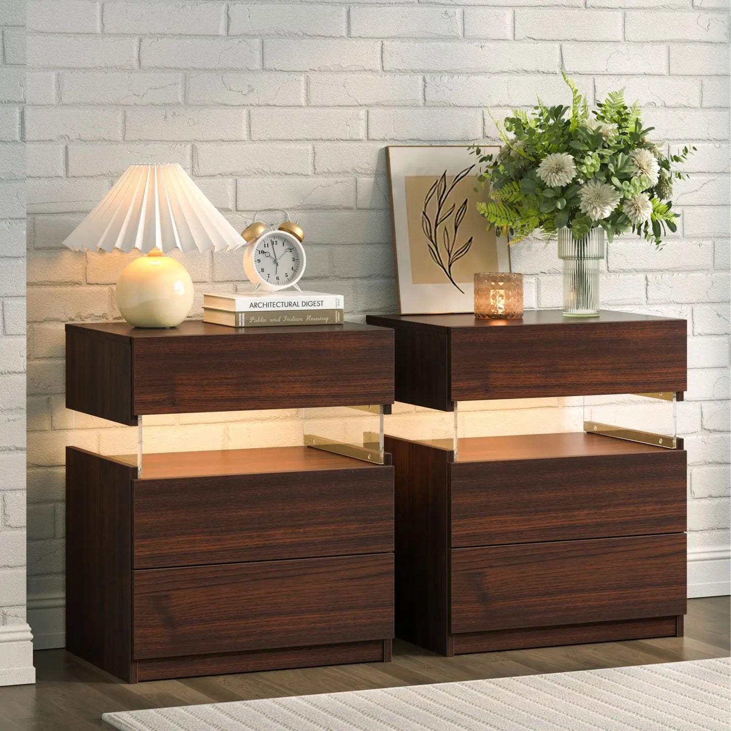 Cubehom Bedside Tables Set With LED Lighting Two Pieces Three Drawers