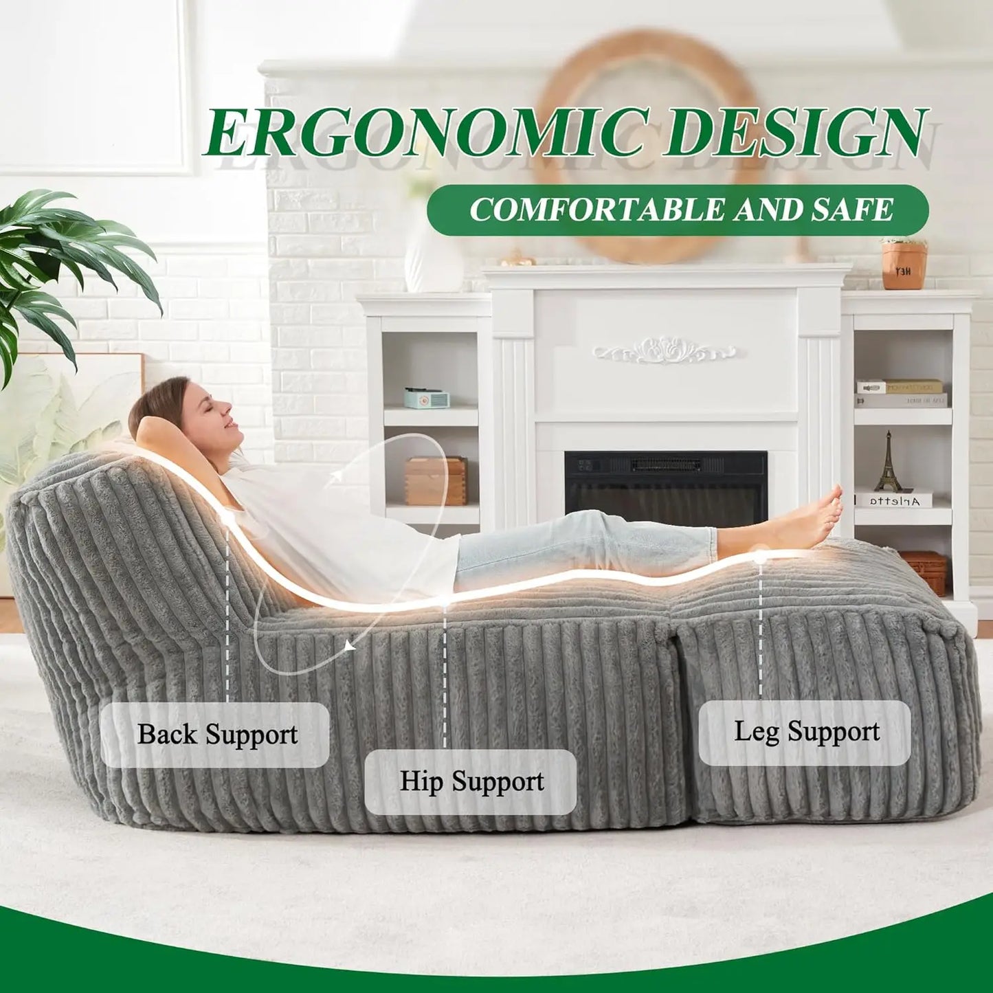 Memory Foam Bean Bag Chair With Ottoman And Faux Fur