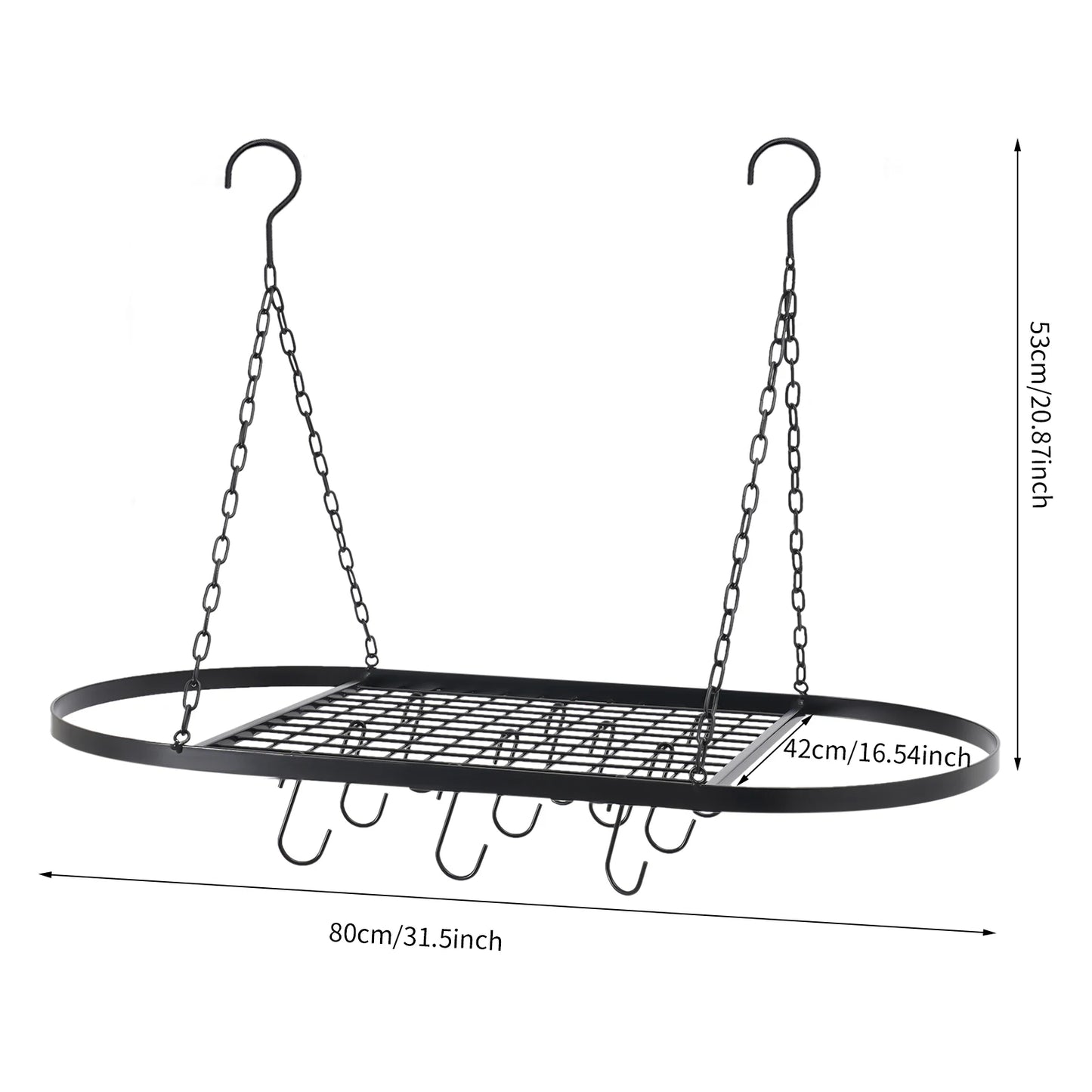 Ceiling Mounted Pot Rack With Ten Hooks, Iron Construction
