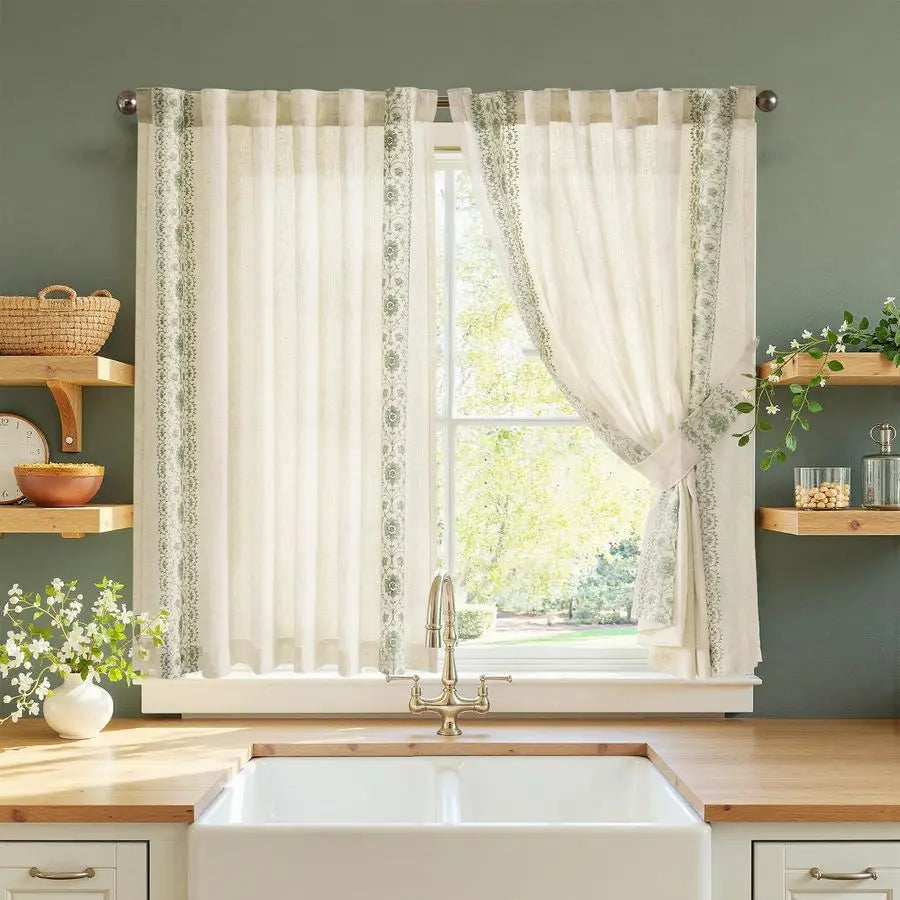 Small Linen Cafe Curtains With Bordered Floral Embroidery For Kitchen And Bath